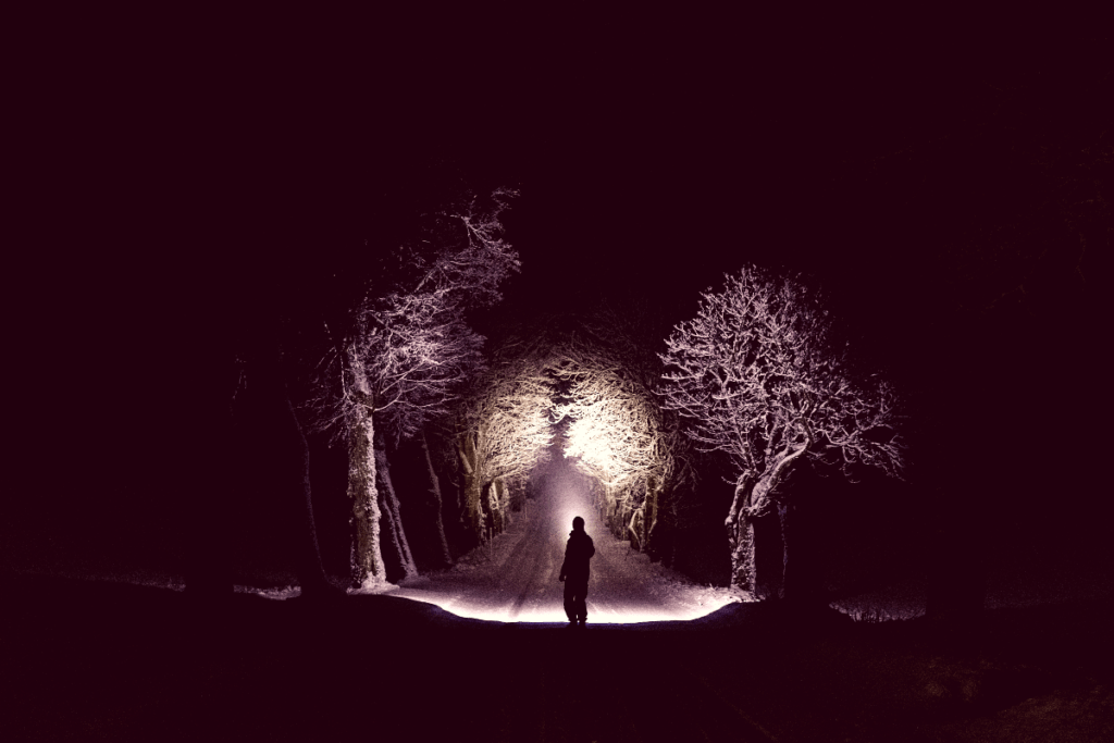 man walking in woods in winter